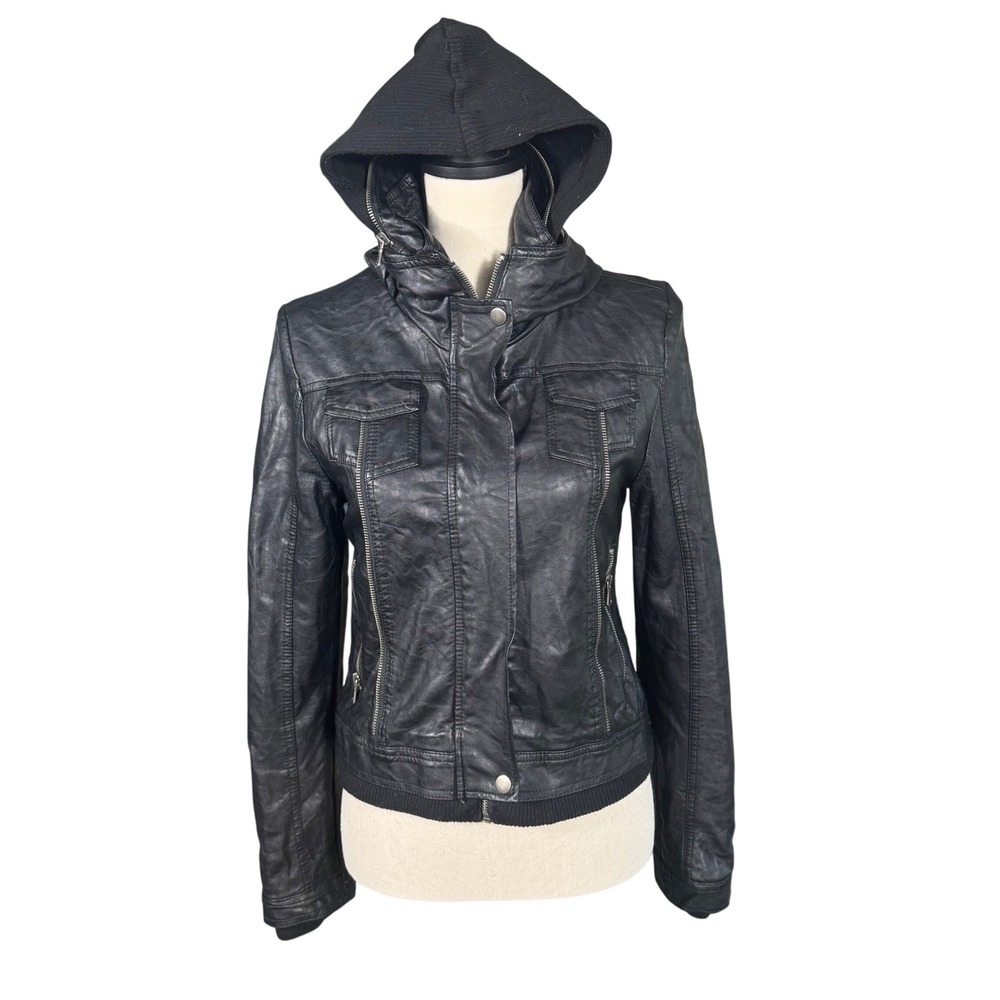 Esley Collection Black Faux Leather Moto Jacket Stowaway Hood Women's Small